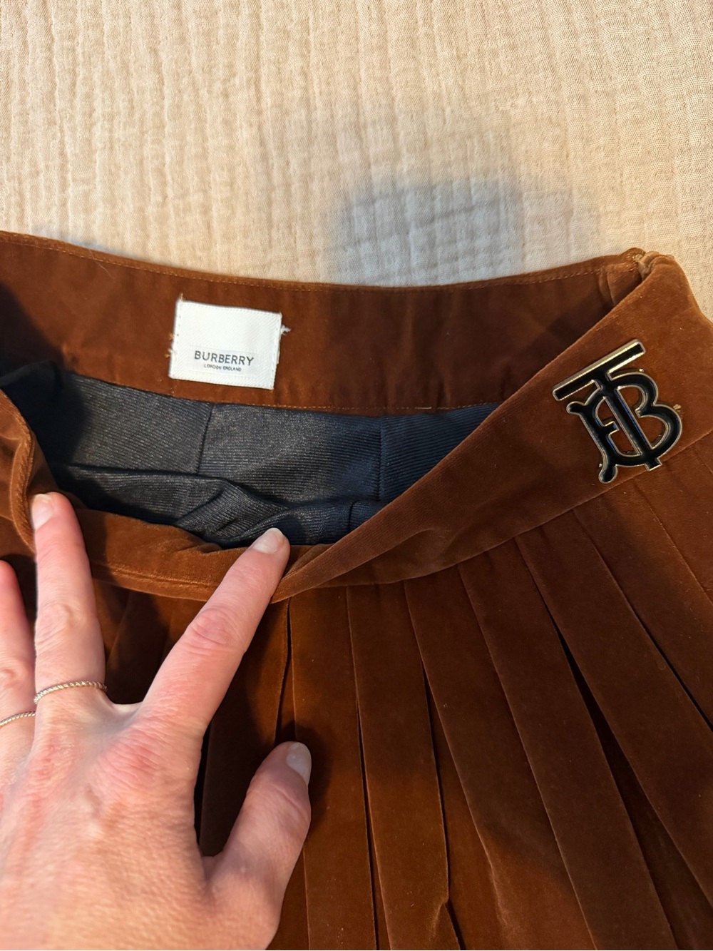 BURBERRY Velvet Pleated Mini Skirt in Rich Caramel Brown - Picture 3 of 5